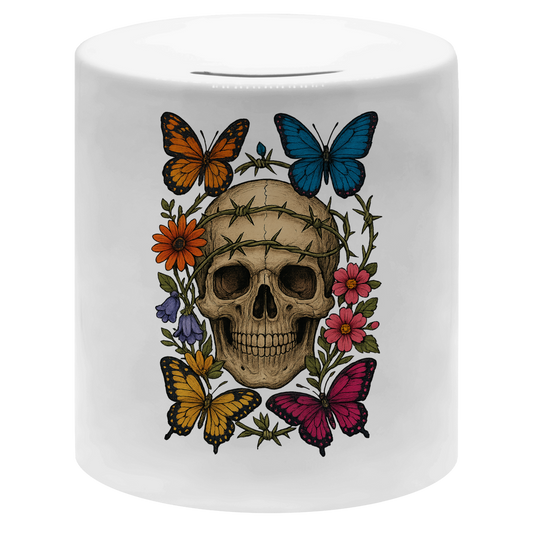 Money box Schädel mit Stacheldraht und Schmetterlinge