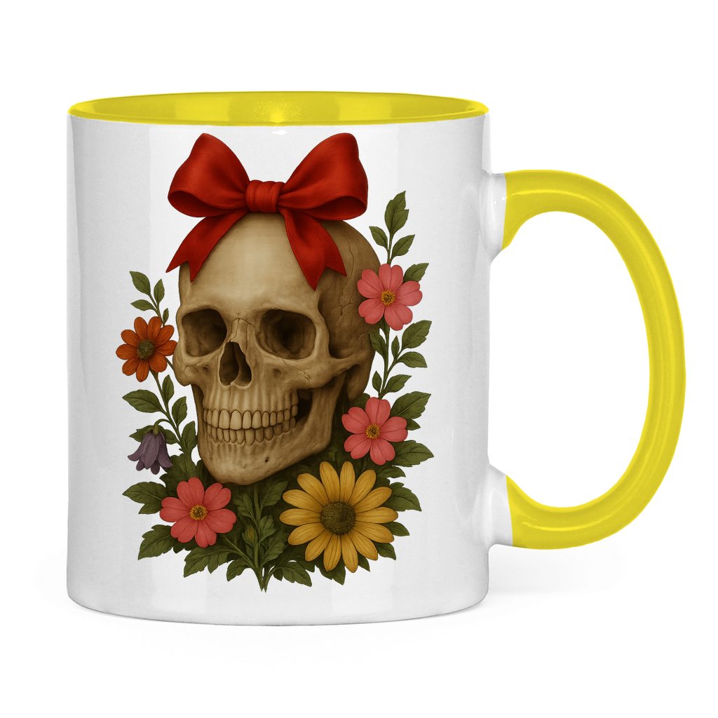 Tasse zweifarbig Schädel mit Schleife und Blumen