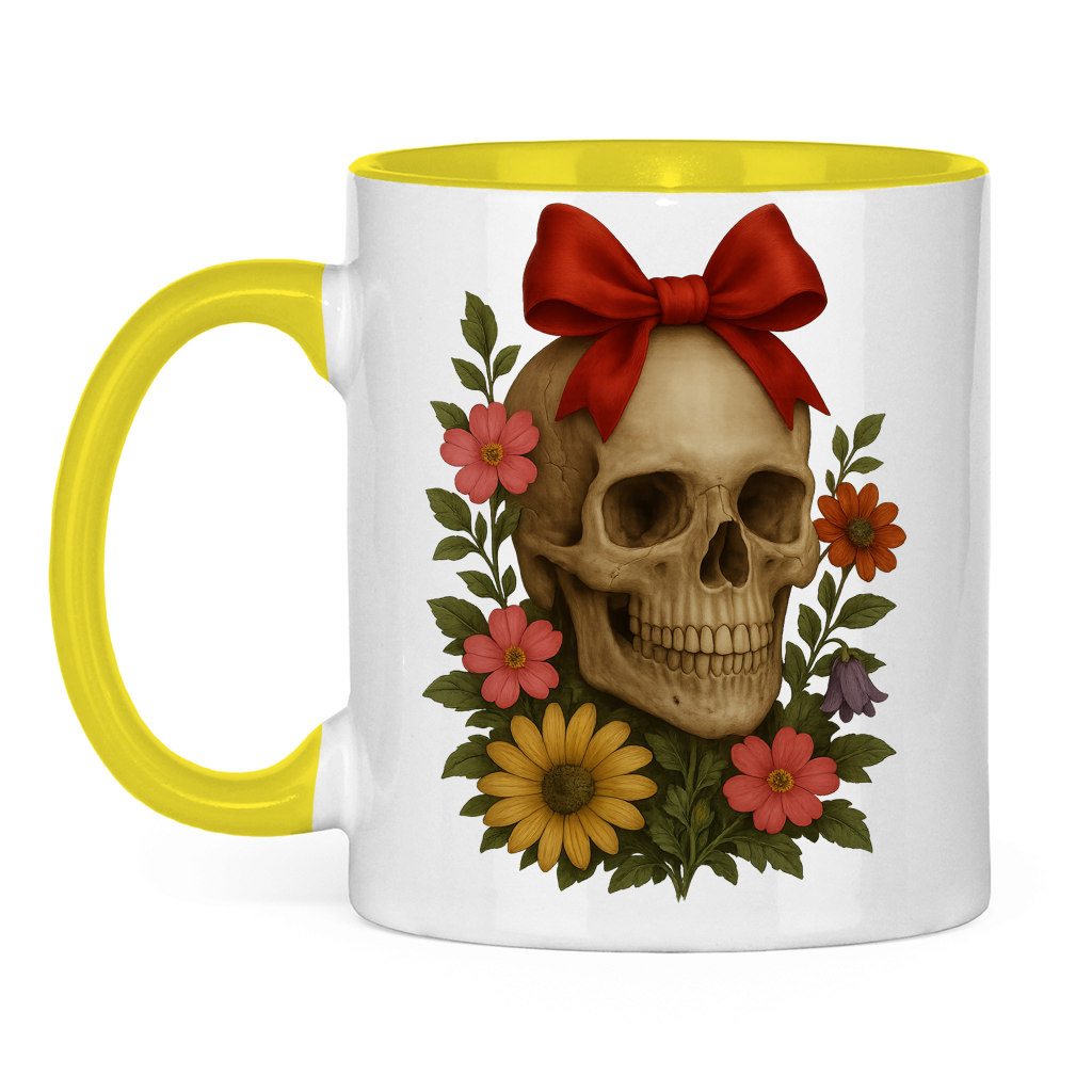 Tasse zweifarbig Schädel mit Schleife und Blumen