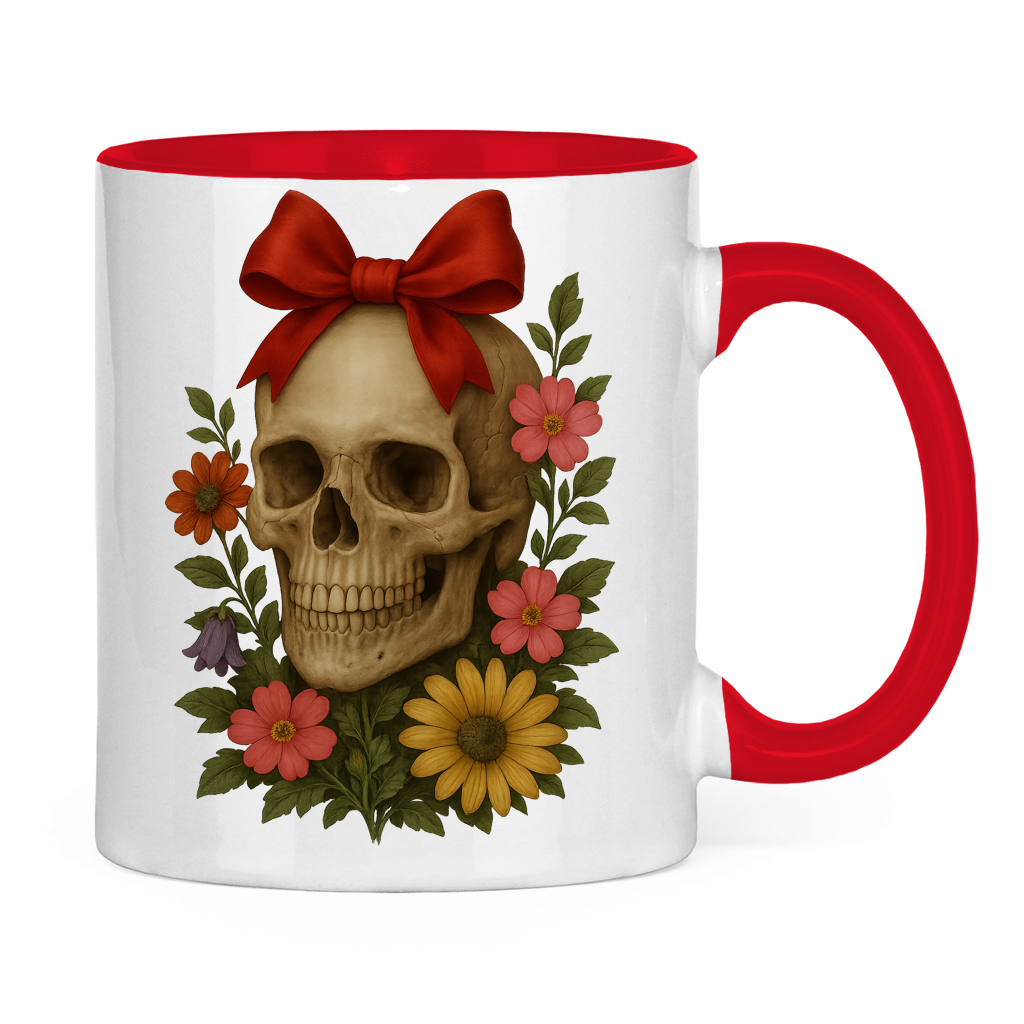 Tasse zweifarbig Schädel mit Schleife und Blumen