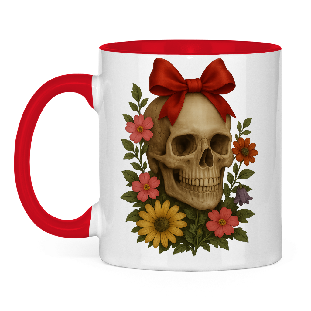 Tasse zweifarbig Schädel mit Schleife und Blumen