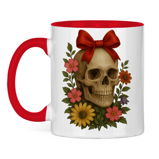 Tasse zweifarbig Schädel mit Schleife und Blumen