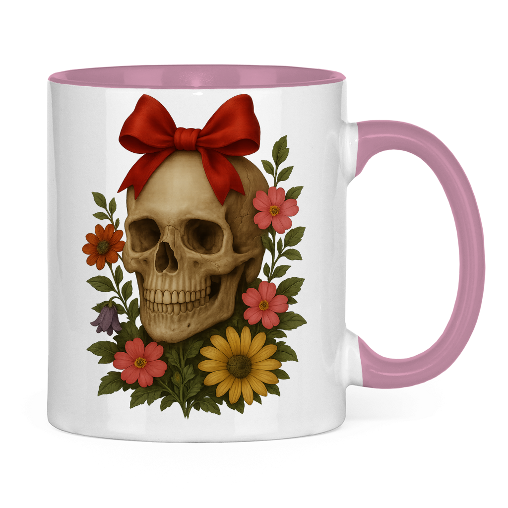 Tasse zweifarbig Schädel mit Schleife und Blumen