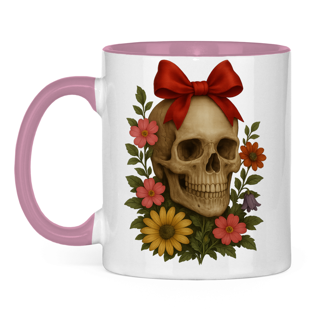 Tasse zweifarbig Schädel mit Schleife und Blumen