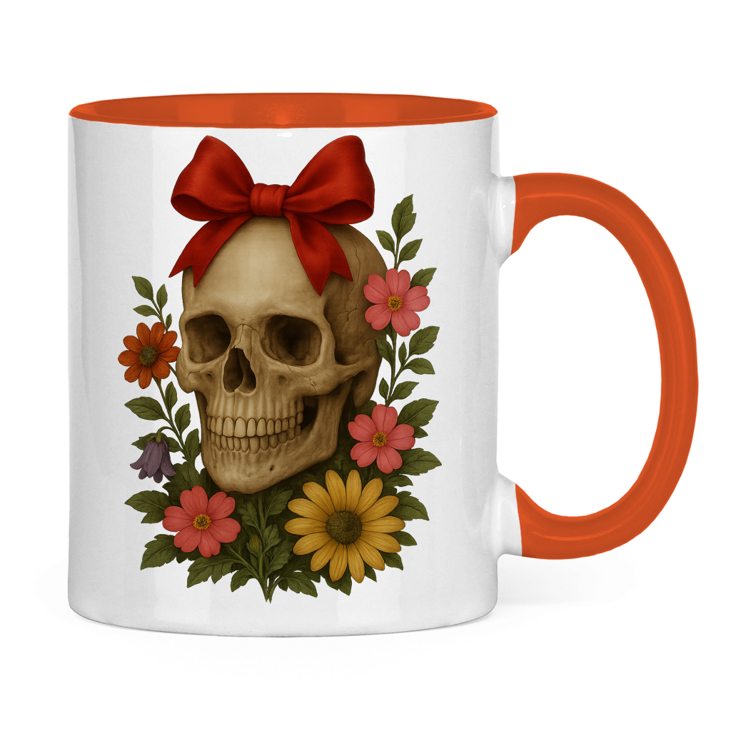Tasse zweifarbig Schädel mit Schleife und Blumen
