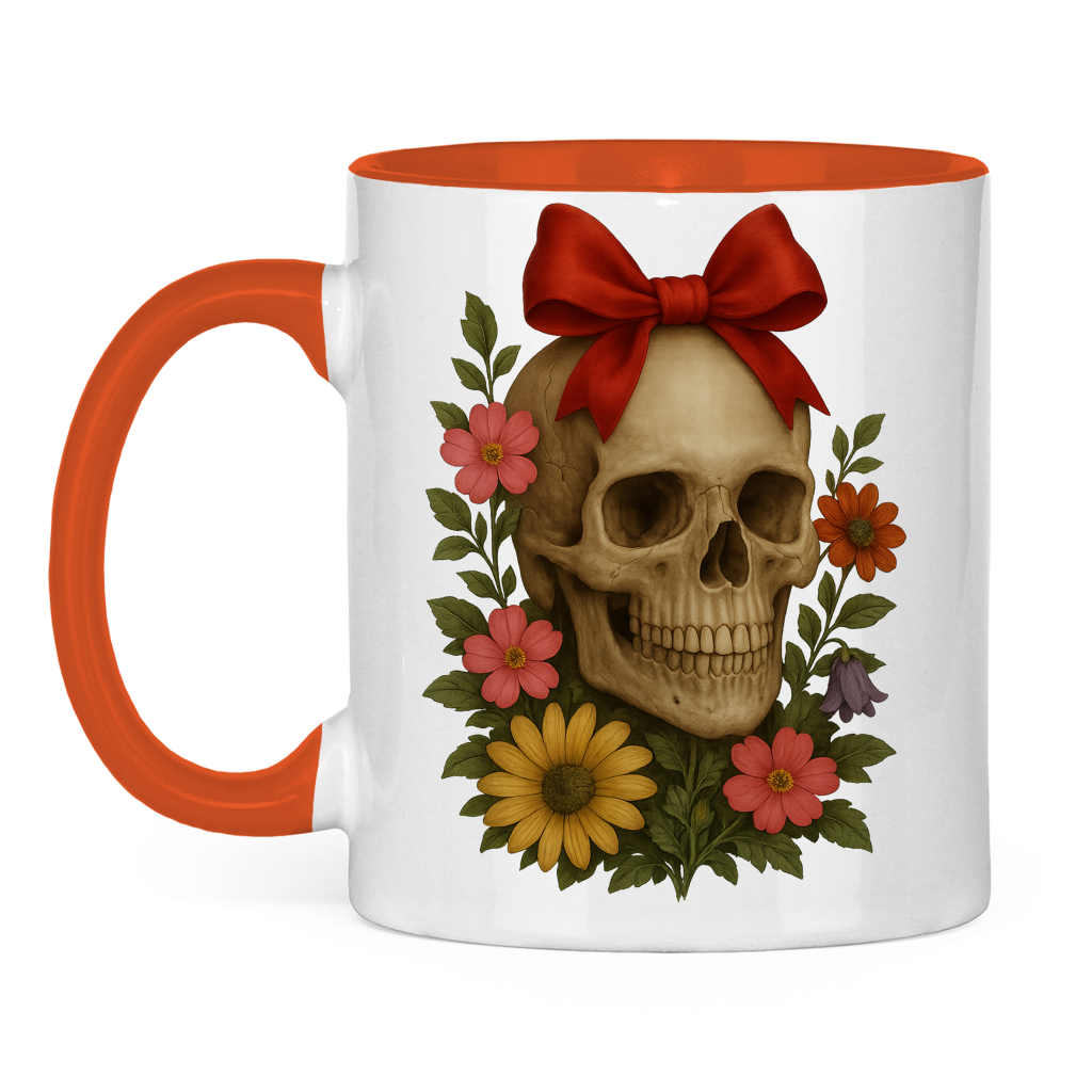 Tasse zweifarbig Schädel mit Schleife und Blumen