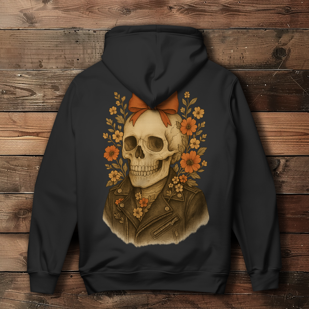 Damen Hoodie Skelettfrau Lederjacke und Blümchen