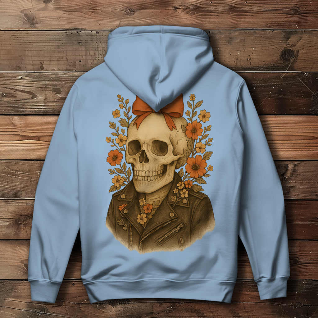 Damen Hoodie Skelettfrau Lederjacke und Blümchen