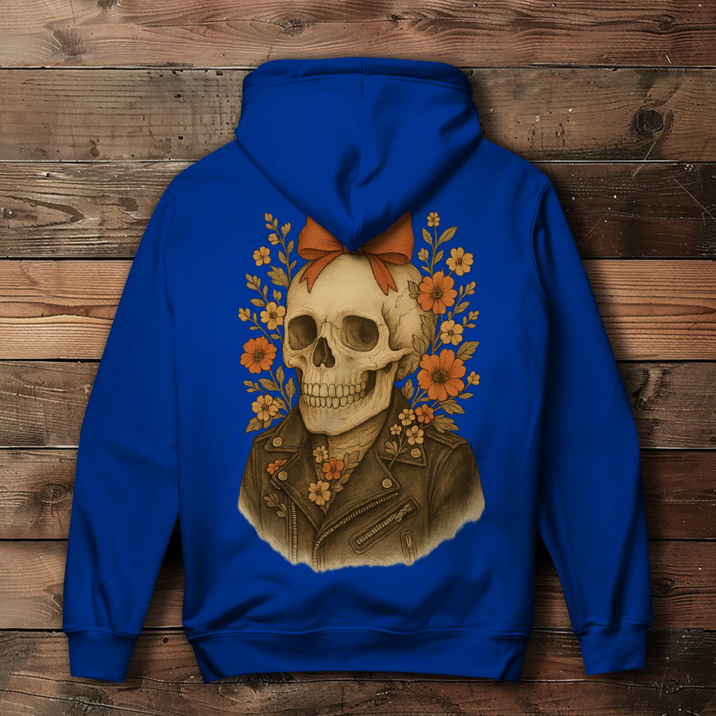 Damen Hoodie Skelettfrau Lederjacke und Blümchen