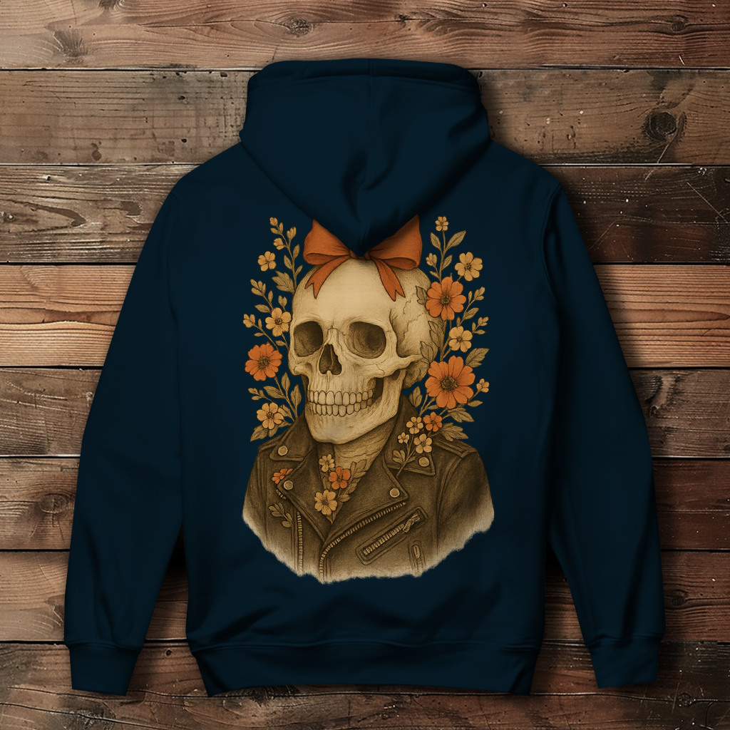Damen Hoodie Skelettfrau Lederjacke und Blümchen