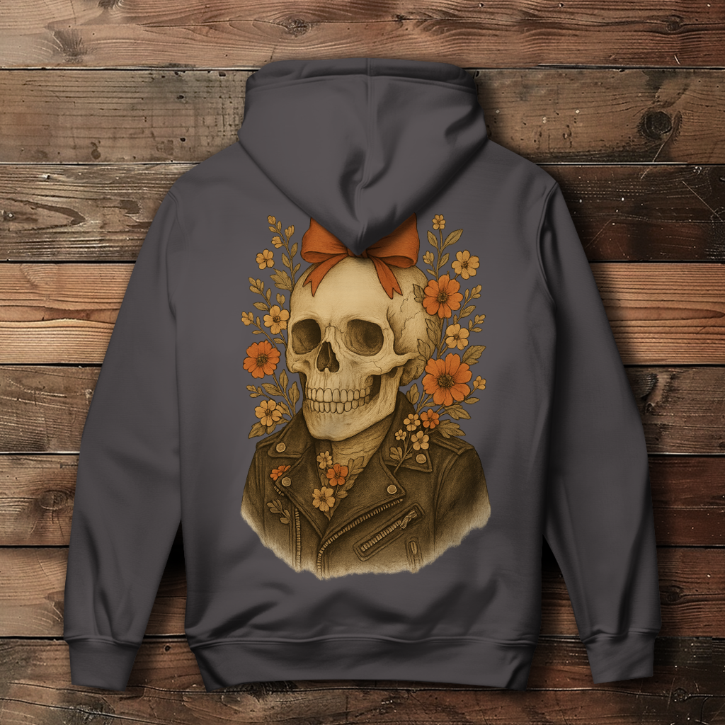 Damen Hoodie Skelettfrau Lederjacke und Blümchen