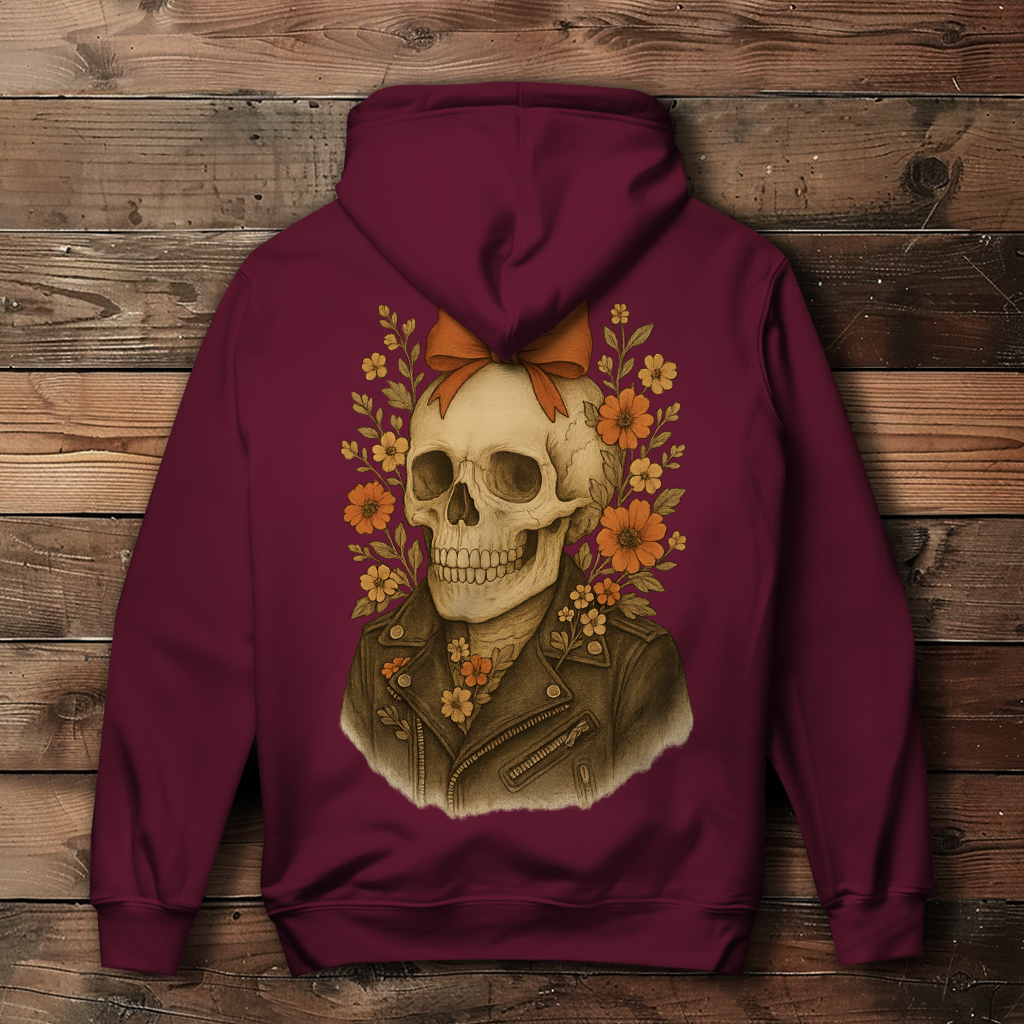 Damen Hoodie Skelettfrau Lederjacke und Blümchen