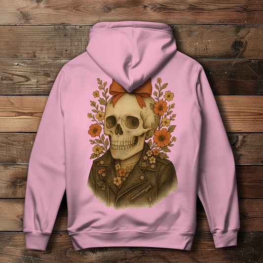 Damen Hoodie Skelettfrau Lederjacke und Blümchen