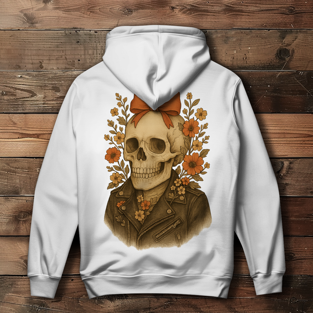Damen Hoodie Skelettfrau Lederjacke und Blümchen