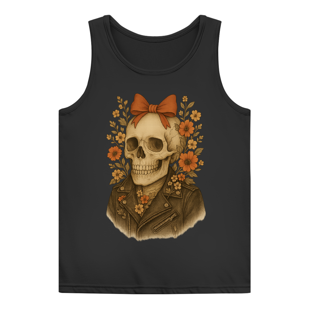 Damen Basic Tank Top Skelettfrau Lederjacke und Blümchen