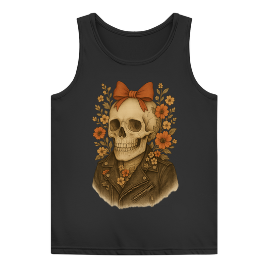 Damen Basic Tank Top Skelettfrau Lederjacke und Blümchen
