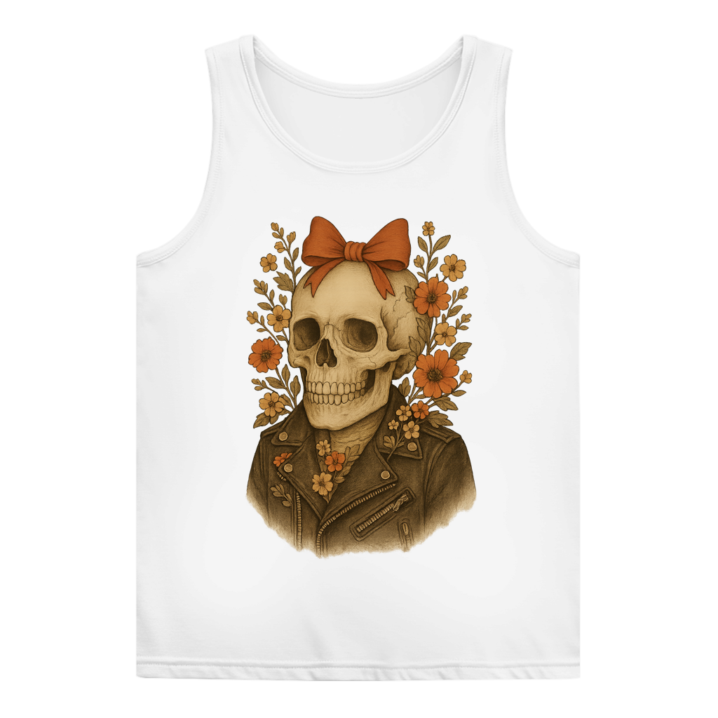 Damen Basic Tank Top Skelettfrau Lederjacke und Blümchen