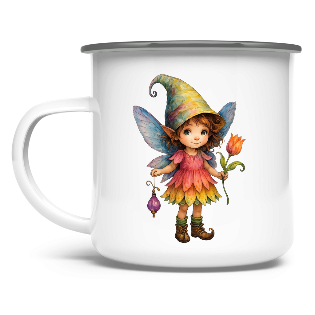 Emaille Tasse Girl Fee Lischen mit Tulpe und Lampe