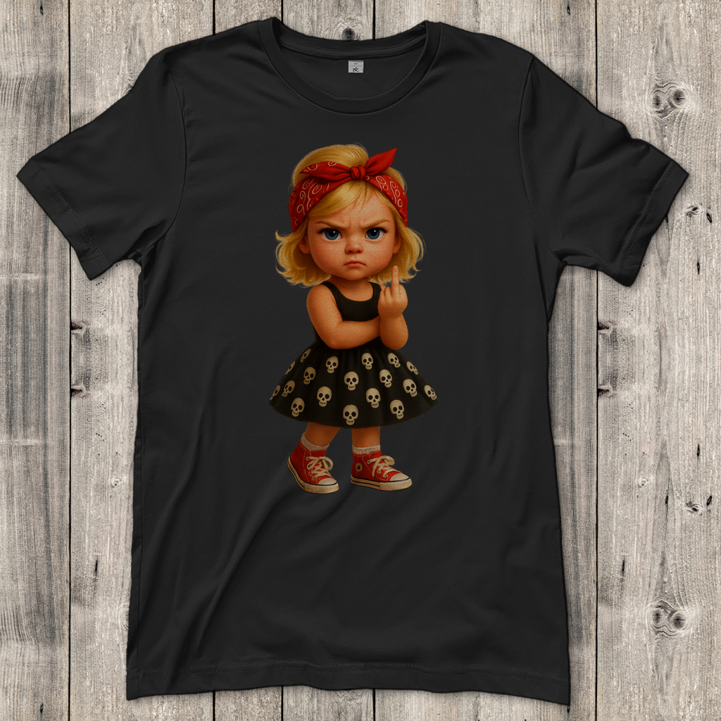 Damen T-Shirt Girl frech Stinkefinger und Totenkopfkleid