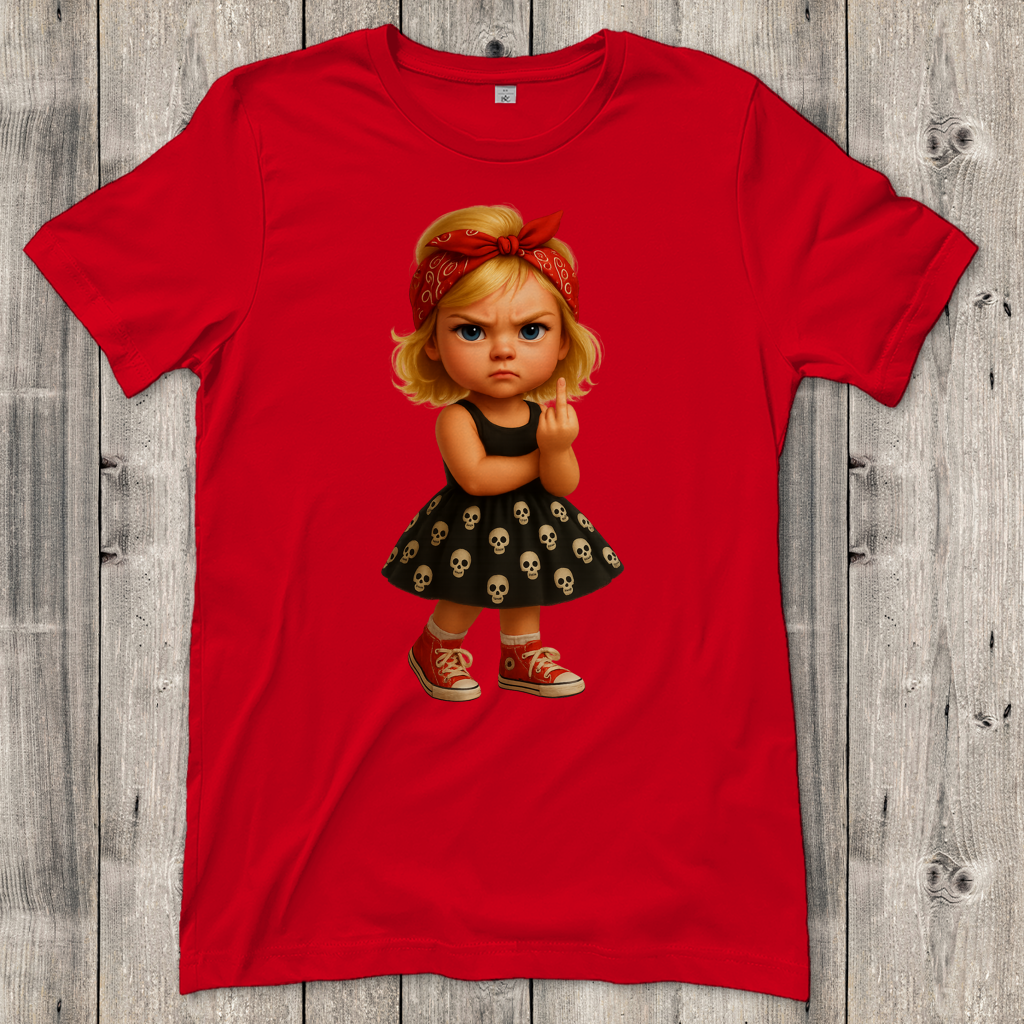 Damen T-Shirt Girl frech Stinkefinger und Totenkopfkleid