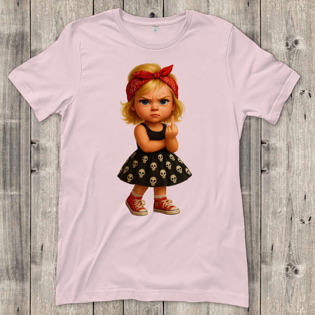 Damen T-Shirt Girl frech Stinkefinger und Totenkopfkleid