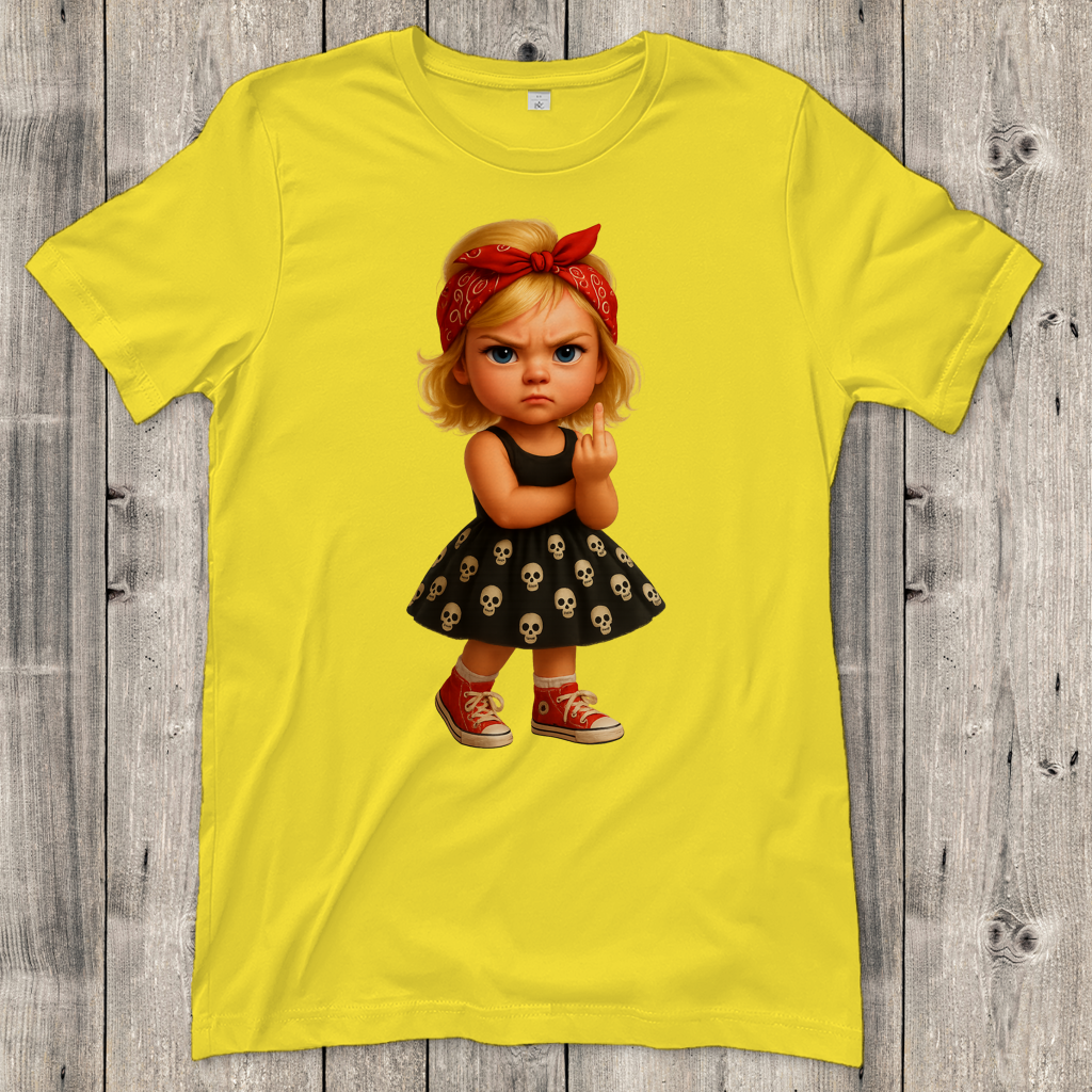 Damen T-Shirt Girl frech Stinkefinger und Totenkopfkleid