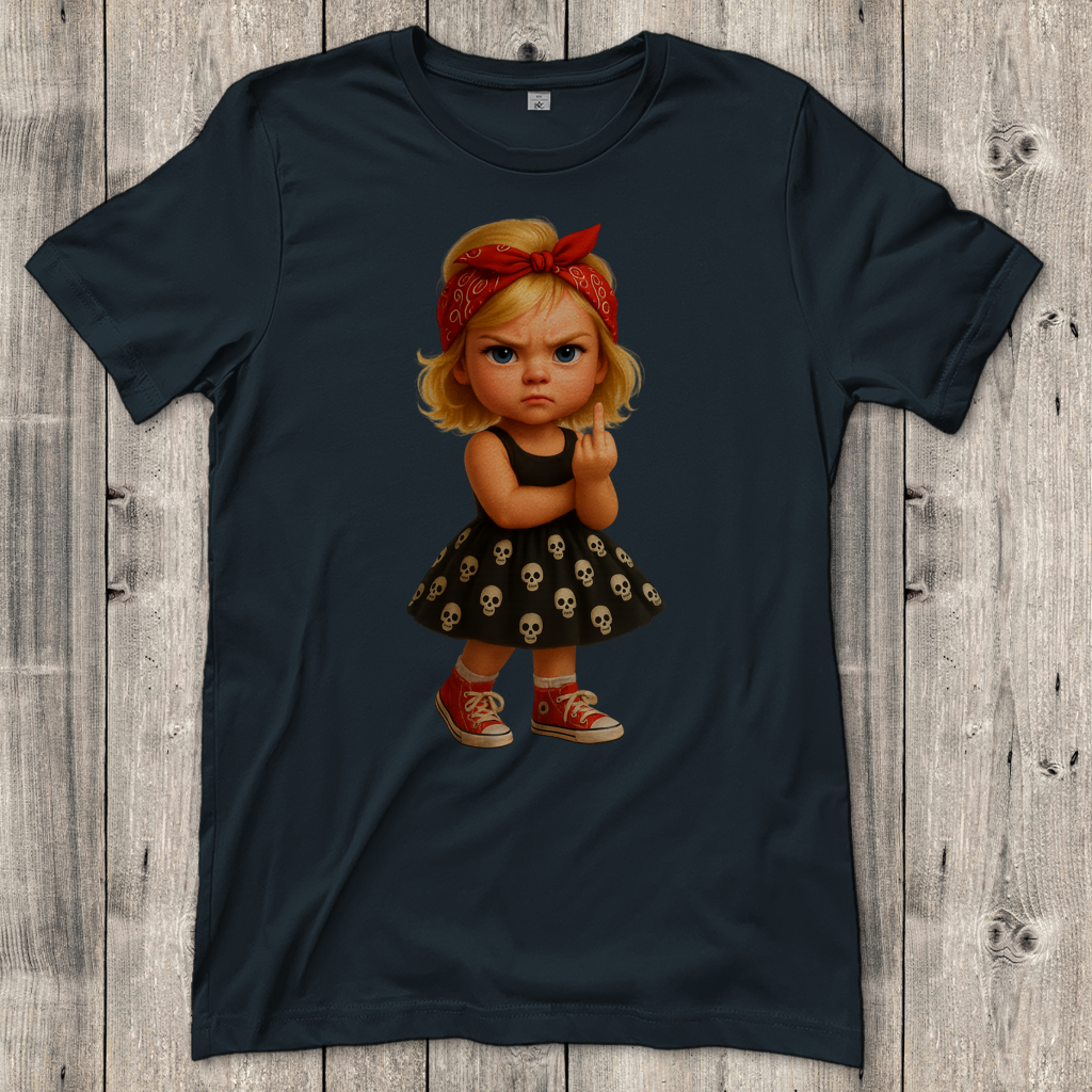 Damen T-Shirt Girl frech Stinkefinger und Totenkopfkleid