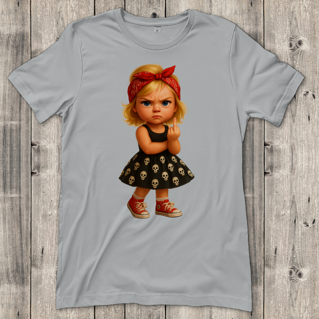 Damen T-Shirt Girl frech Stinkefinger und Totenkopfkleid