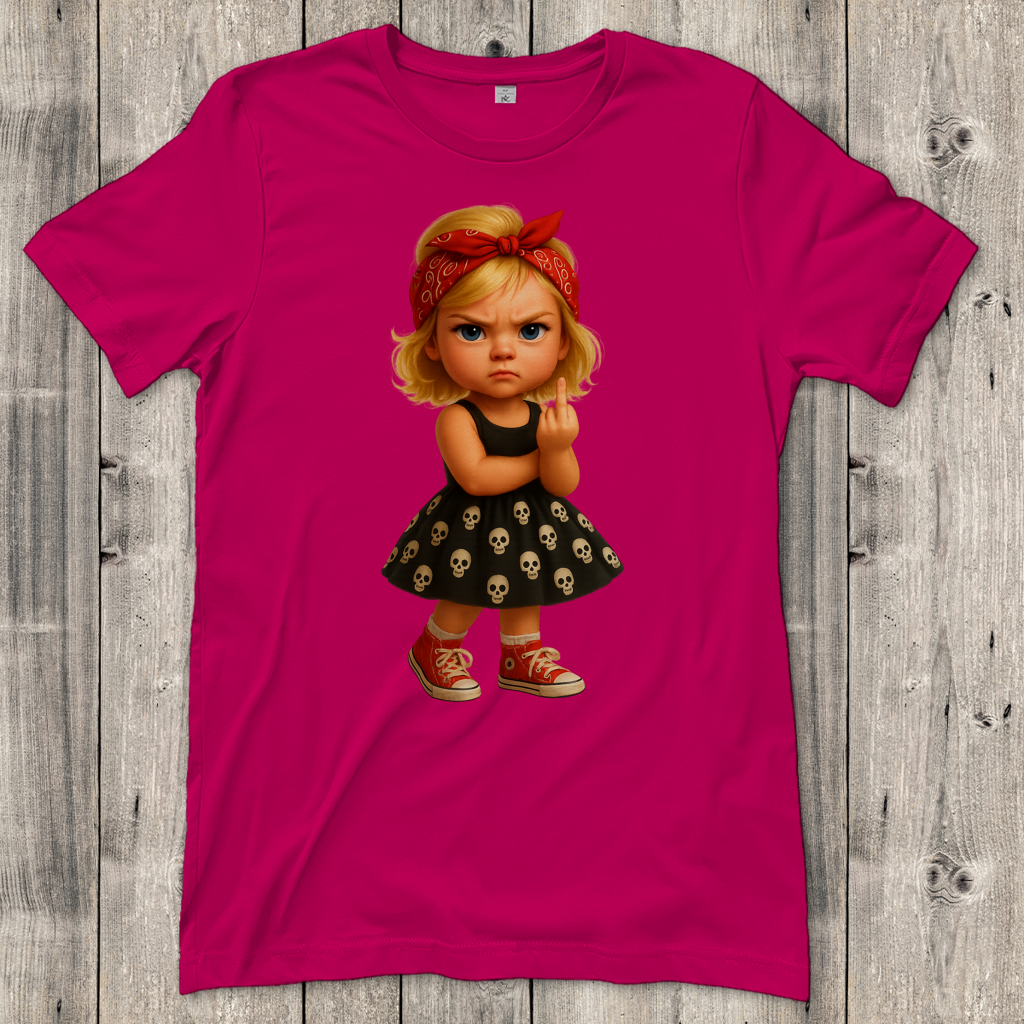 Damen T-Shirt Girl frech Stinkefinger und Totenkopfkleid