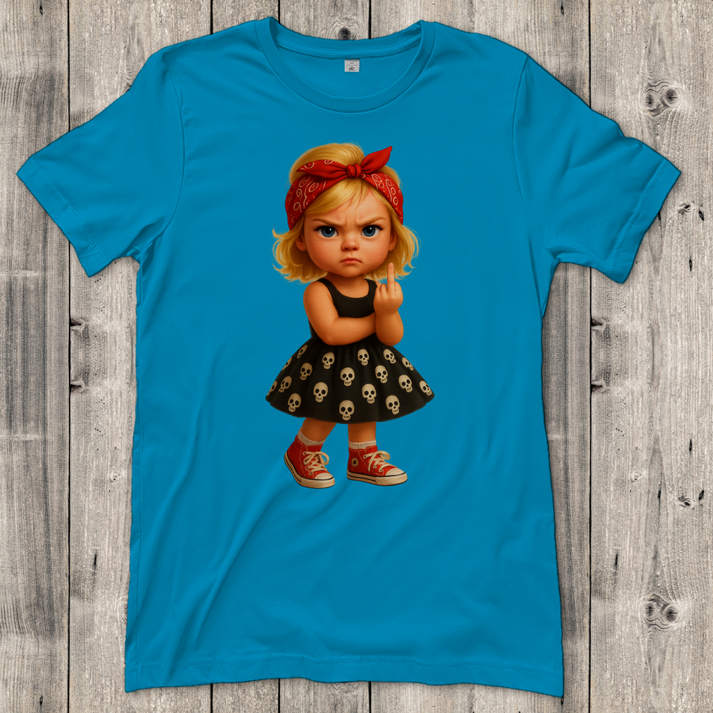 Damen T-Shirt Girl frech Stinkefinger und Totenkopfkleid