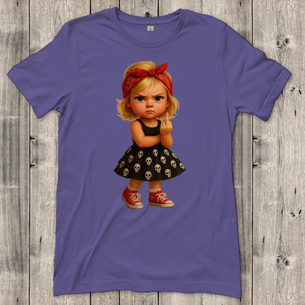 Damen T-Shirt Girl frech Stinkefinger und Totenkopfkleid