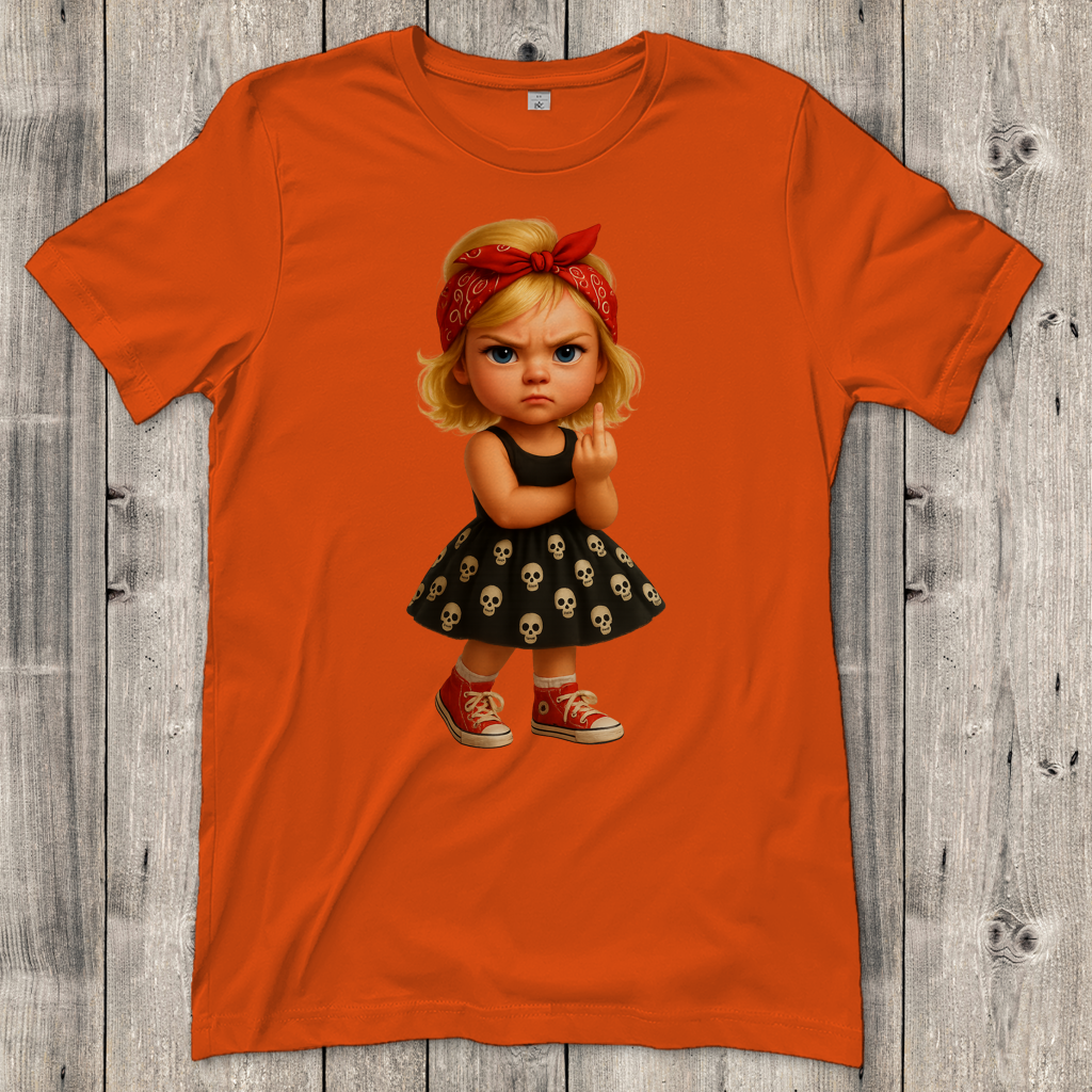 Damen T-Shirt Girl frech Stinkefinger und Totenkopfkleid