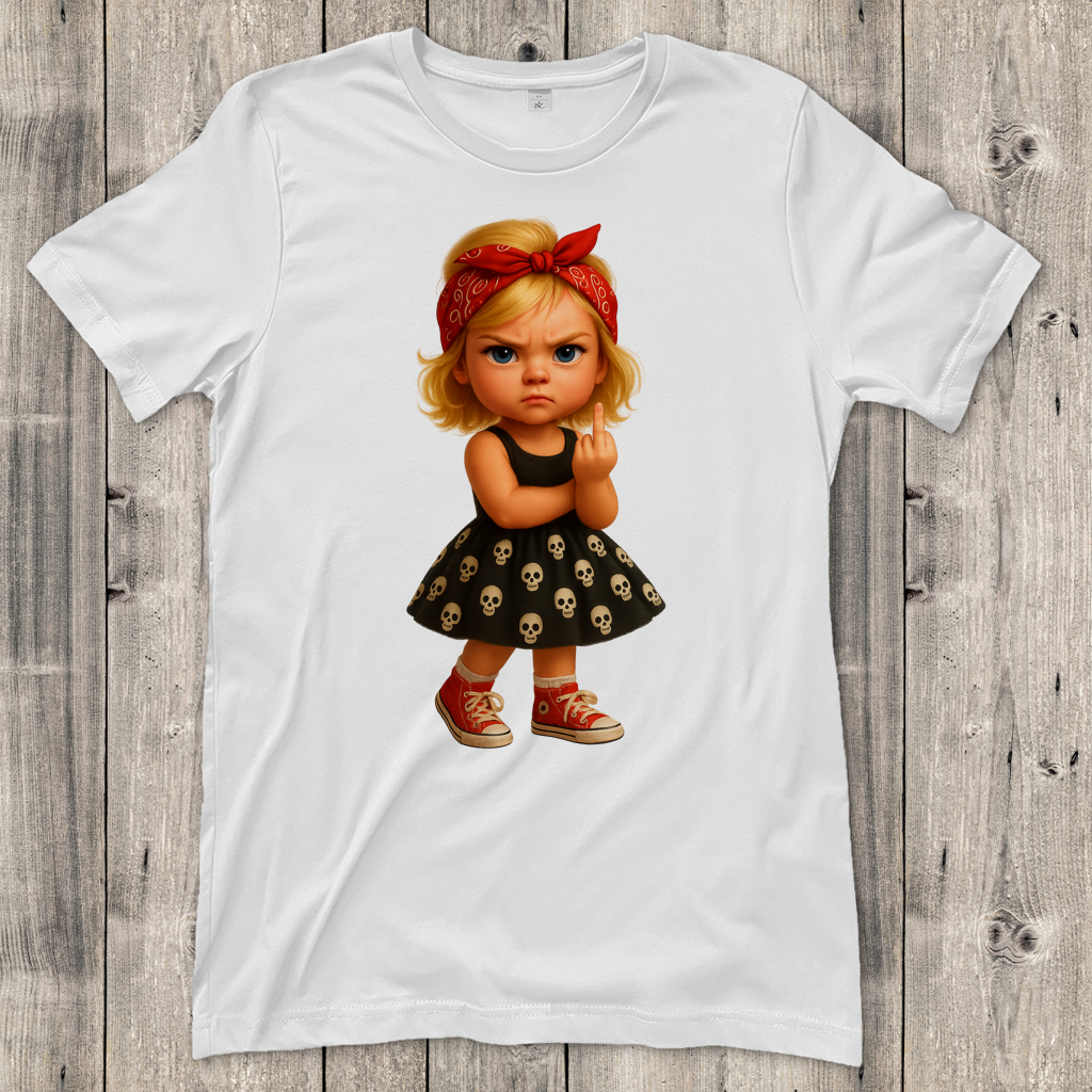 Damen T-Shirt Girl frech Stinkefinger und Totenkopfkleid