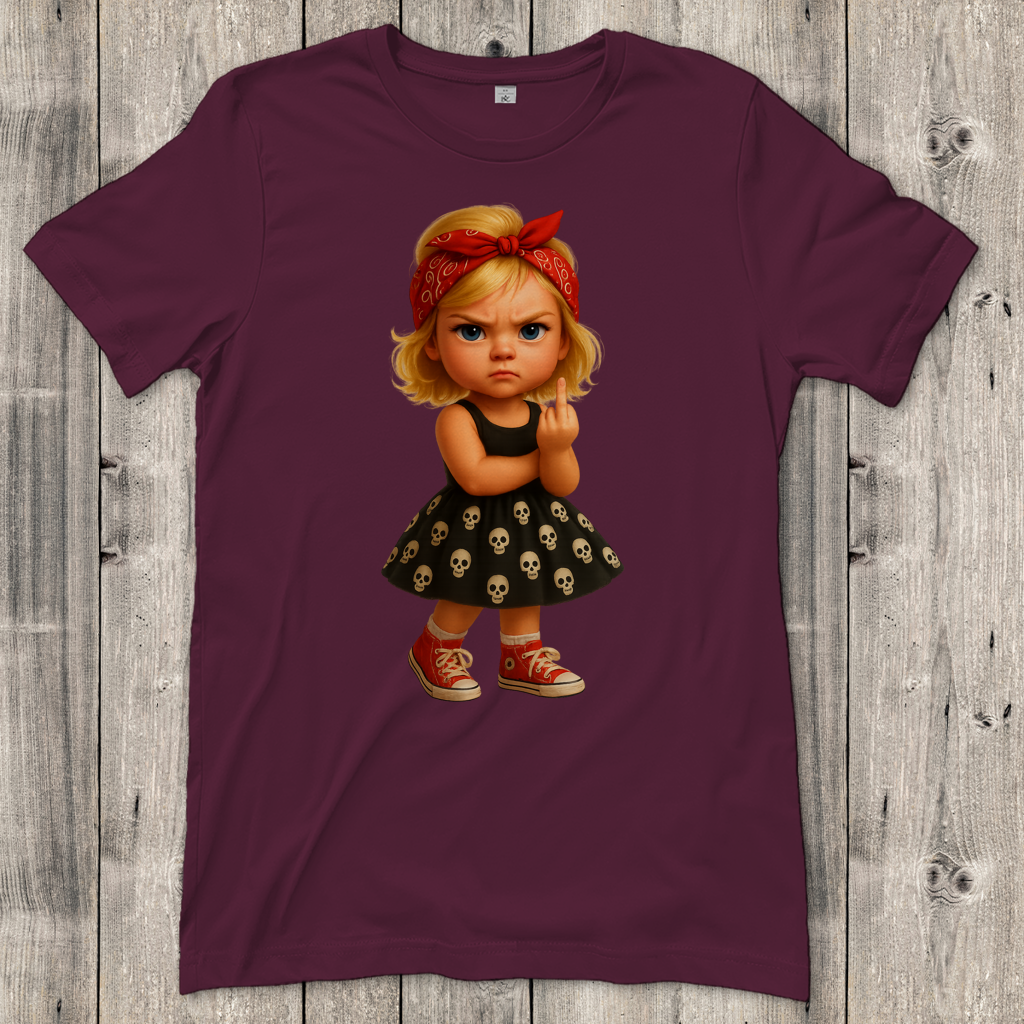 Damen T-Shirt Girl frech Stinkefinger und Totenkopfkleid