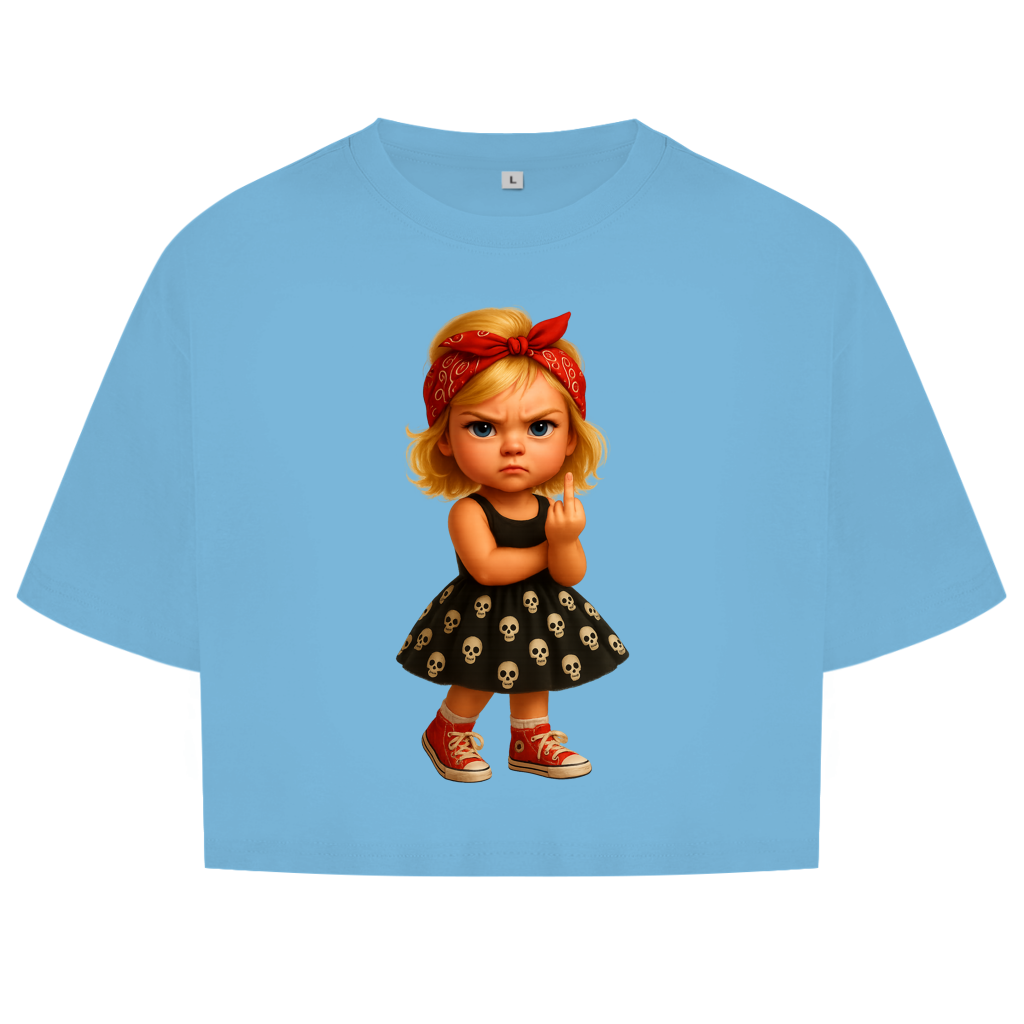 Damen Oversize Crop Top Girl frech Stinkefinger und Totenkopfkleid