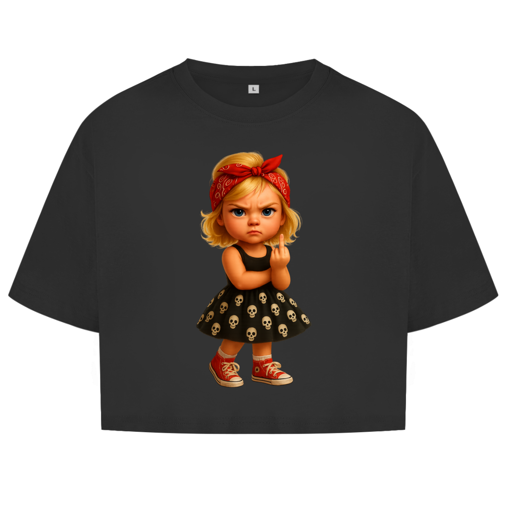 Damen Oversize Crop Top Girl frech Stinkefinger und Totenkopfkleid