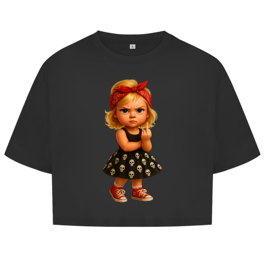 Damen Oversize Crop Top Girl frech Stinkefinger und Totenkopfkleid