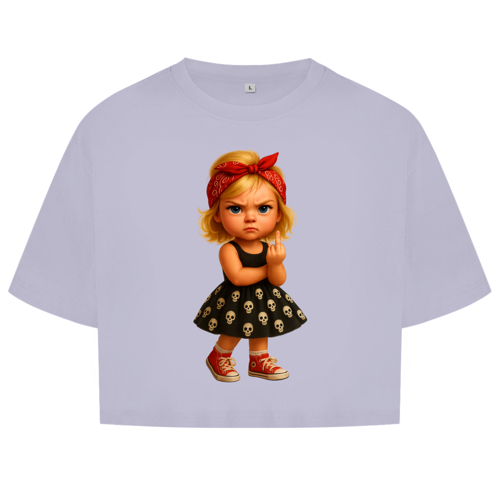 Damen Oversize Crop Top Girl frech Stinkefinger und Totenkopfkleid
