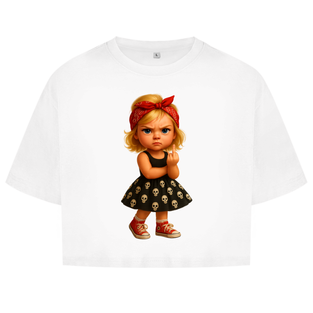 Damen Oversize Crop Top Girl frech Stinkefinger und Totenkopfkleid
