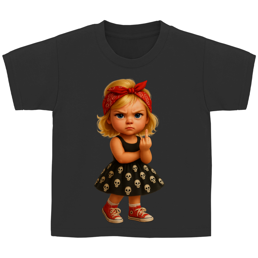 Kinder Basic T-Shirt Girl frech Stinkefinger und Totenkopfkleid