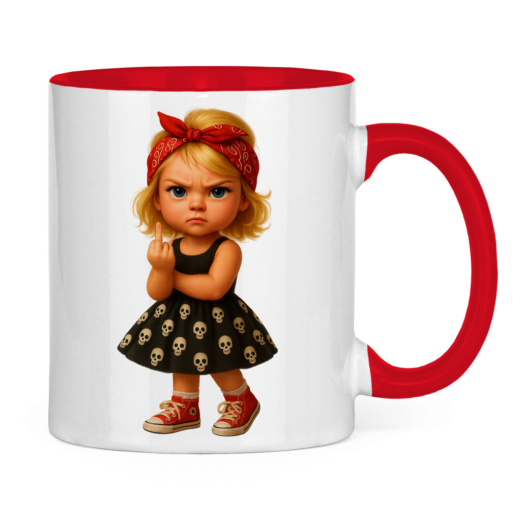 Tasse zweifarbig Girl frech Stinkefinger und Totenkopfkleid