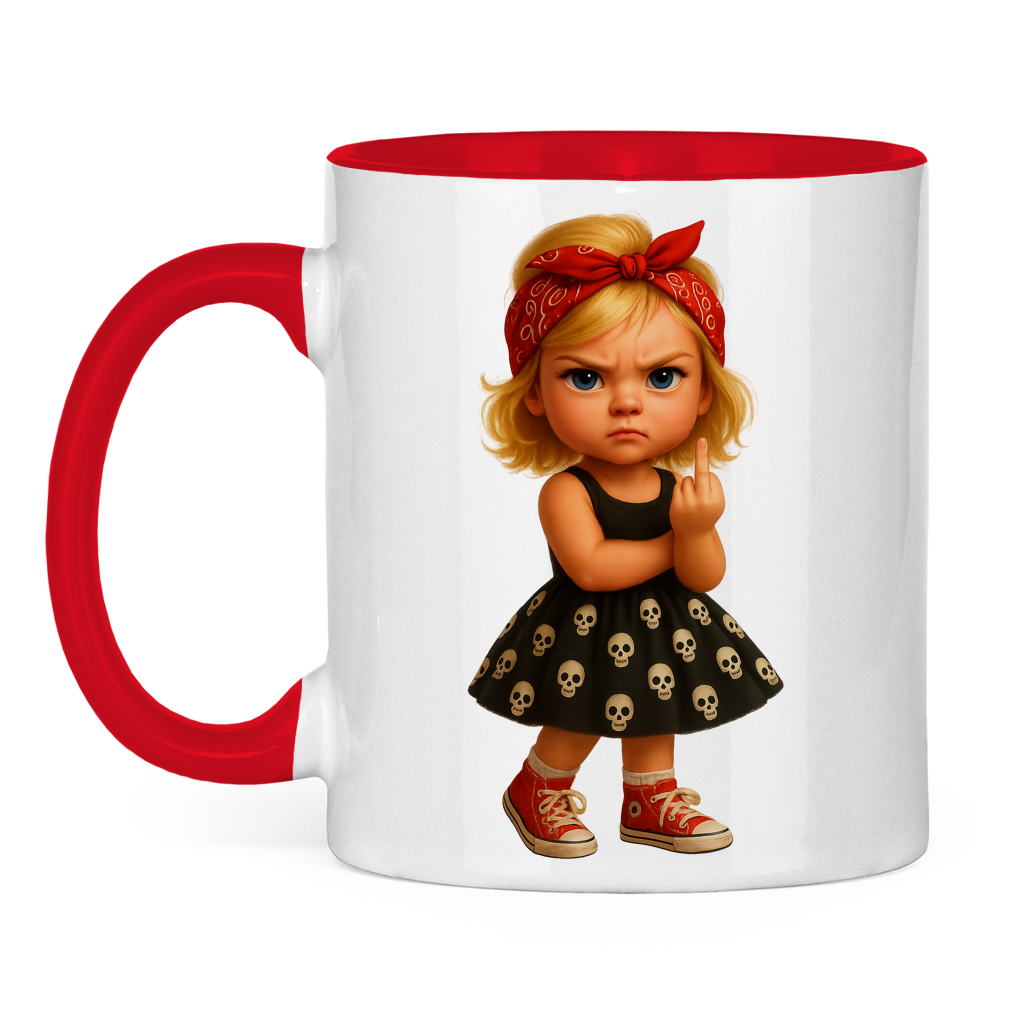 Tasse zweifarbig Girl frech Stinkefinger und Totenkopfkleid