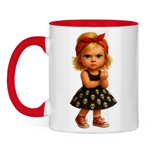 Tasse zweifarbig Girl frech Stinkefinger und Totenkopfkleid