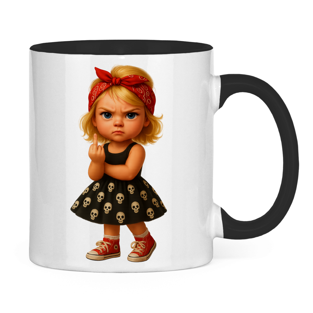 Tasse zweifarbig Girl frech Stinkefinger und Totenkopfkleid