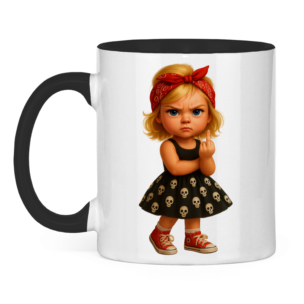 Tasse zweifarbig Girl frech Stinkefinger und Totenkopfkleid