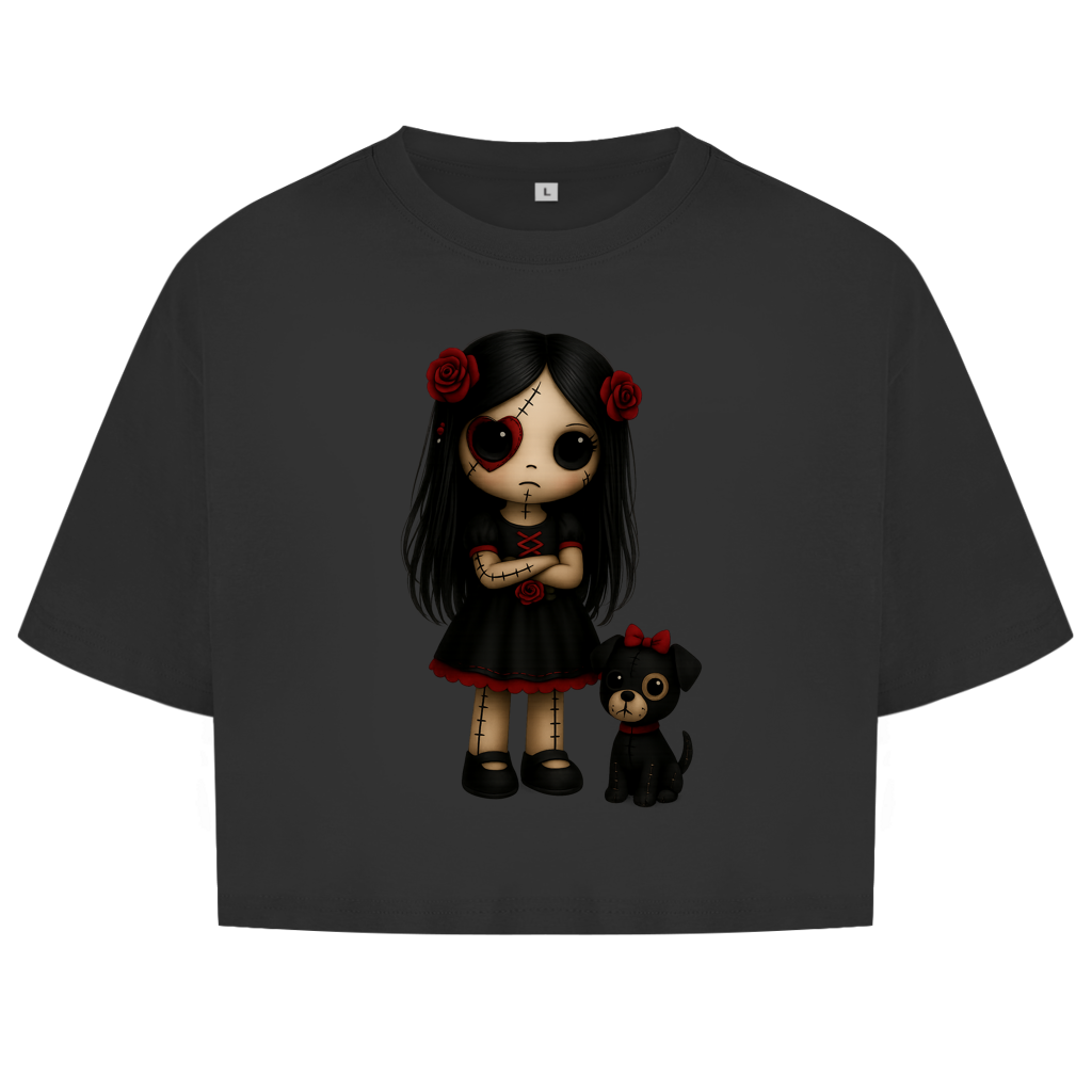 Damen Oversize Crop Top Girl Puppe mit Hund