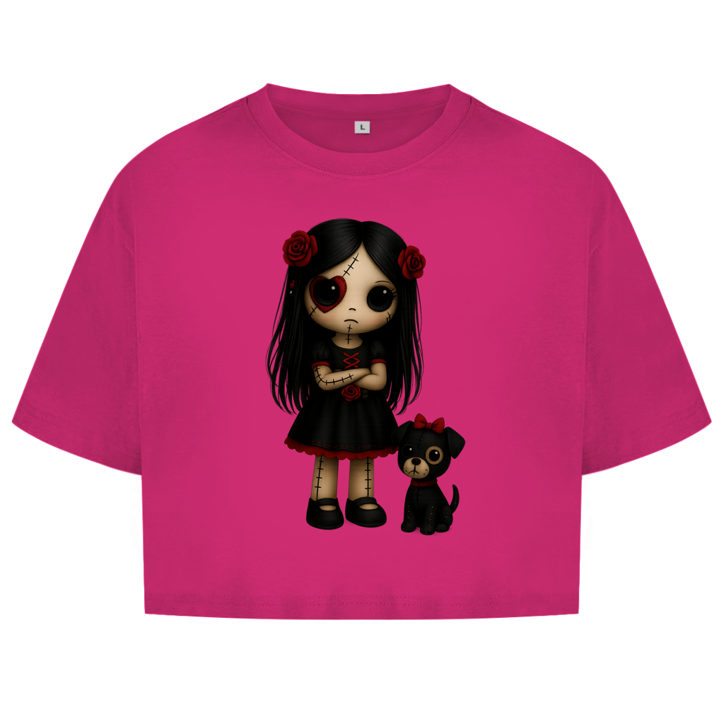 Damen Oversize Crop Top Girl Puppe mit Hund