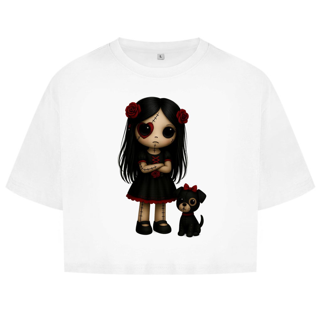 Damen Oversize Crop Top Girl Puppe mit Hund