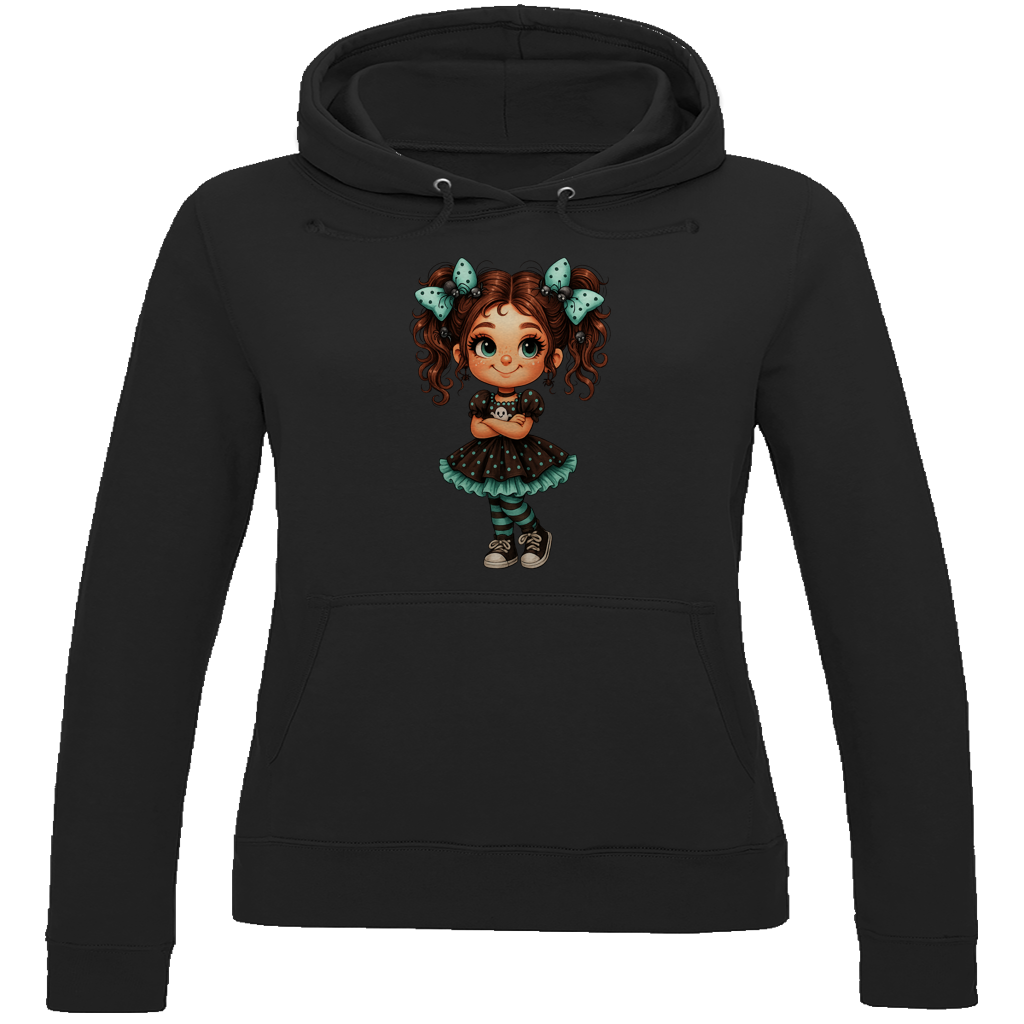 Damen Hoodie Girl Spinnenhaare und türkis schwarz gehalten