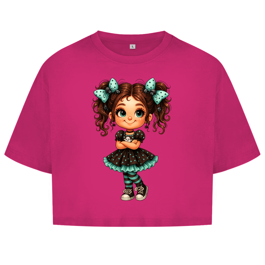 Damen Oversize Crop Top Girl Spinnenhaare und türkis schwarz gehalten
